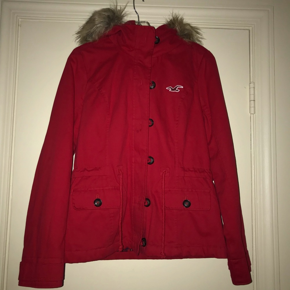 Red Hollister Jacket with Faux Fur Hood